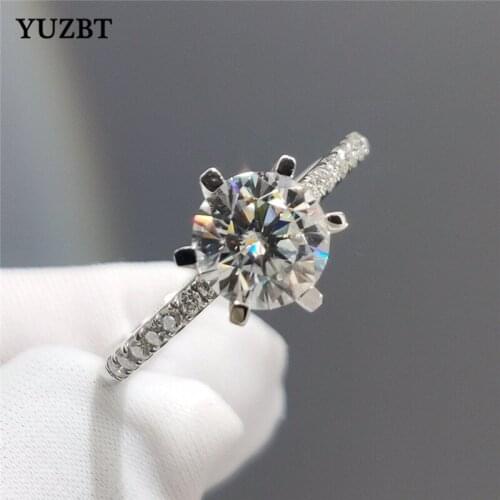 YUZBT Women 18K White Gold Round Excellent Cut 1 Carat 6.5mm Diamond Test Past D Color Moissanite Gemstone Ring Wedding Jewelry
