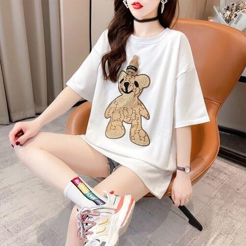 Embroidered Bear Short-sleeved T-shirt Female 2021 Summer New Korean Loose T-shirt Top Kawaii Clothes Woman Tshirts