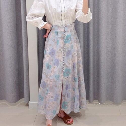 Women Single-Breasted Midi Skirt 2021 Spring Summer New High Waist Ladies Long Skirts