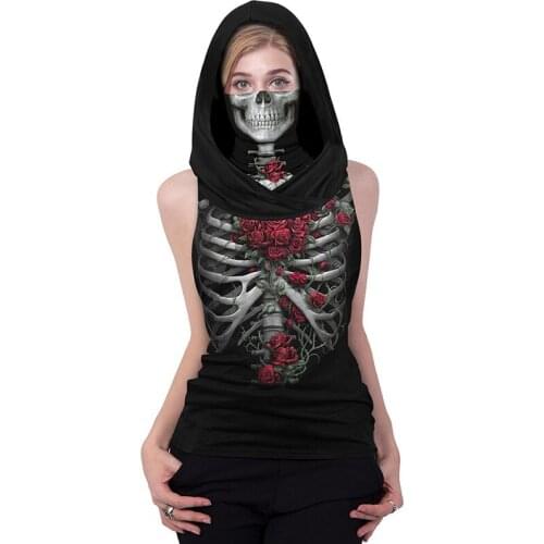 Goth Punk Sleeveless Hooded Tshirts Women Summer Winter Plus Size Skeleton Graphic Tee Y2k Top Harajuku Grunge Oversized T Shirt
