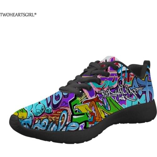 Twoheartsgirl Women Casual Light Flats Graffiti Printed Mesh Sneakers Womens Comfortable Breathable Shoes Girls Walking Flats