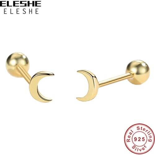 ELESHE Real 925 Sterling Silver Moon Barbell Stud Earrings 18K Gold Plated Simple Earrings for Women Girls Trendy Party Jewelry