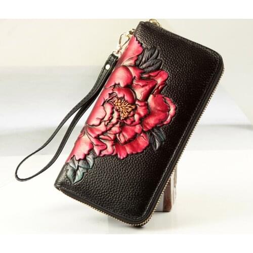 Genuine Leather Women Long Zipper Flower Coin Purse Wrist Wallet