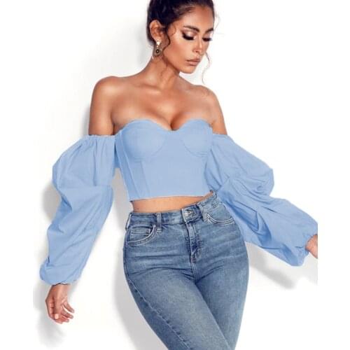 Sexy Off Shoulder Crop Top Women Elegant Irregular Long Puff Sleeve Back Zipper Strapless Slash Neck Blouse Club Party Outfits