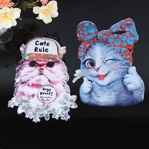 1pc Cartoon Cat Pattern Patches Sequin Motifs Large Fabric Animal Patch Sew on Big T-shirt Jacket Sweater DIY Craft Decoration