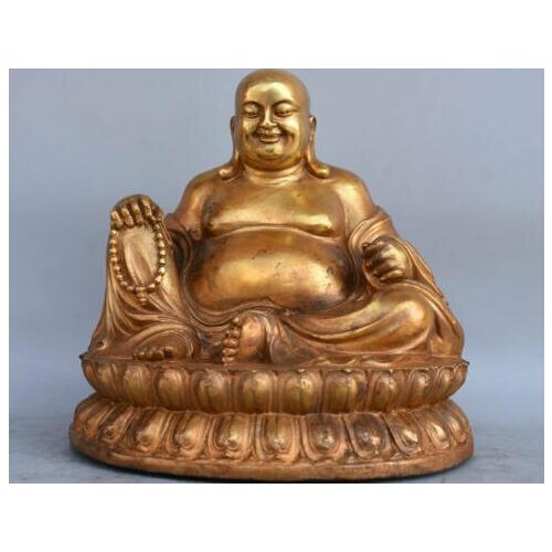 9" Chinese Bronze Gild Wealth Buddhism Happy Laugh Maitreya Buddha Sculpture