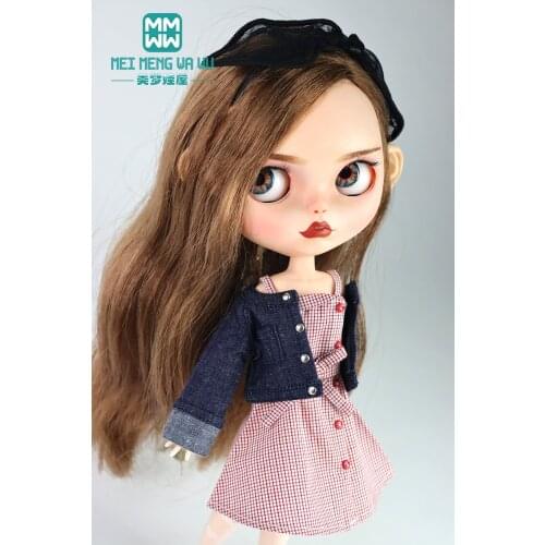 Fits 28-30cm blyth Azone 1/6 doll clothes accessories Fashion plaid suspender skirt, denim jacket