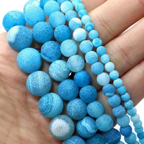Natural Blue Frost Cracked Agates Stone Loose Spacer Bead For Jewelry Making DIY Bracelet Necklace Accessories 4 6 8 10 12mm