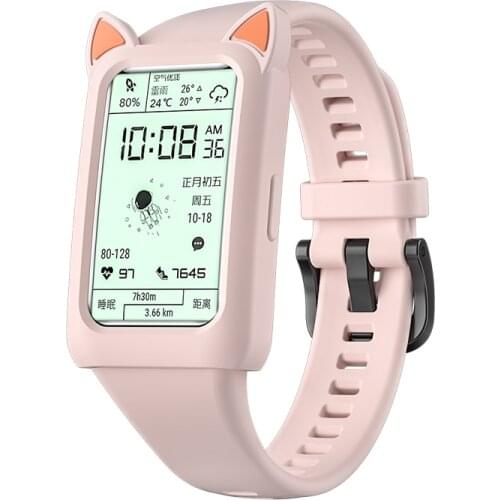 For HUAWEI HONOR Band 6 Cat Earmuffs Case + Silicone Strap Cute Cartoon Scratch Resistant HUAWEI Band 6 Accessories
