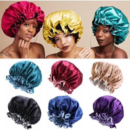New Reversible Double-layered Adjustable Night Sleep Cap Soft Elastic Band Hair Loss Beanies Satin Bonnet Hair Care Head Cover