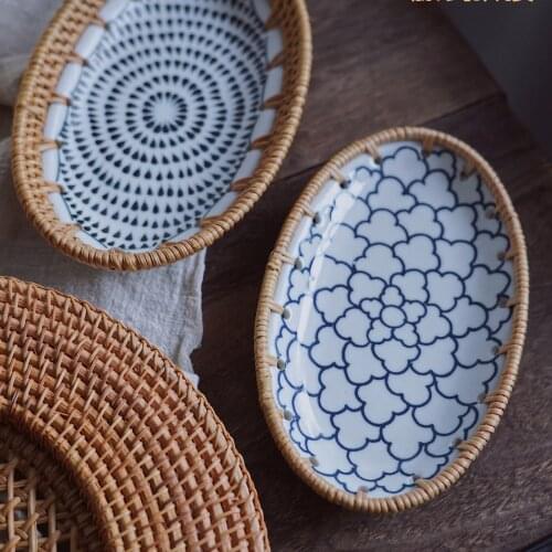 Fruit Tray Vietnamese Rattan Woven Oval Storage Box Handmade Rattan Porcelain Combination Fruit Dessert Dried Fruit Storage Tray