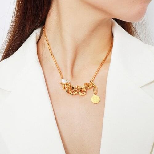 GSOLD New Trendy Simple Box Chain Vintage Metal Thick Chain Pearl Small Disc Pendant Necklace Women Fashion Party Jewelry