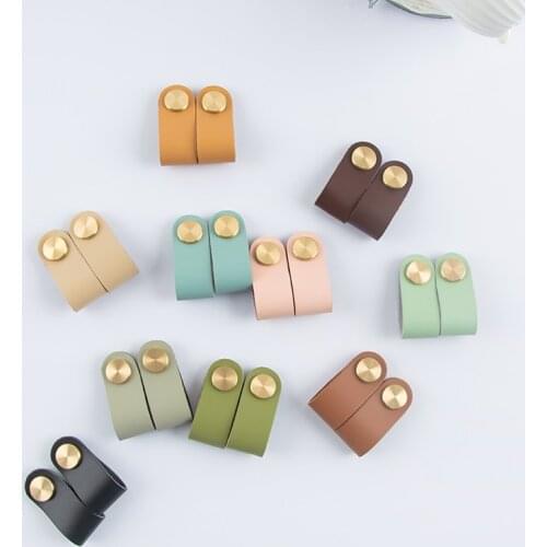 JUNMAI10-colors Nordic Furniture leather Drawer Knob Brass Wardrobe Cupboard Cabinet Handle Door Pulls genuine Leather