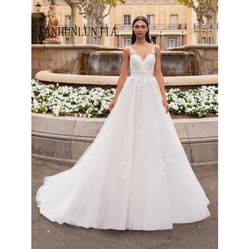 Robe De Mariage Lace Appliques Vestido De Novia V-Neck A Line Back Sweep Train Lace Wedding Dress 2021 Bridal Dresses