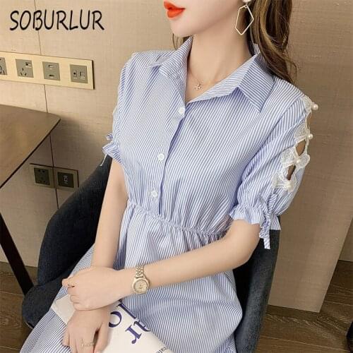 Summer Dresses Women Stripe Korean High Waist A-line Skirt Polo Neck Short Sleeve Knee-Length Dress New Office Lady Shirt Dress