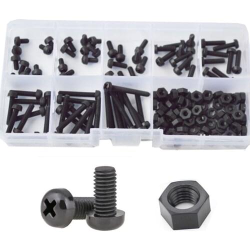 M3 Phillips Black Nylon Pan Head Screw Nut Cross Recessed Round Head Metric Thread Plastic Machine Bolt Set Assortment Kit Box
