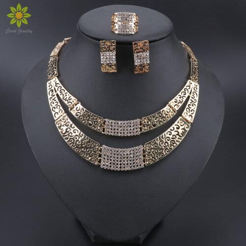 Jewelry Set For Women Bridal Party of Crystal Pendant Earrings Gold-color Statement Necklace Bracelet Set