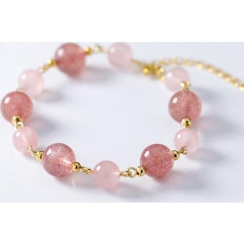 Authentic REAL. 925 Sterling Silver Strawberry Quartz & Rose Crystals Round stone chain Bracelet GTLS896