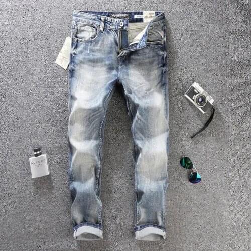 2021 New Fashion Classical Light Blue Color Slim Fit Denim Pants 98% Cotton Jeans homme Italian Vintage Style Buttons Jeans Men