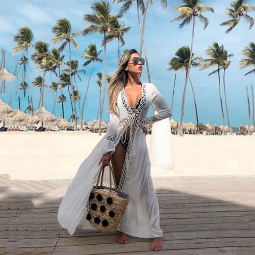 Bikini Covers Ladies Summer Beach Blouse Women Sexy Long Cardigan Thin Rayon Beach Shirt Cardigan Hollow Beach Dress