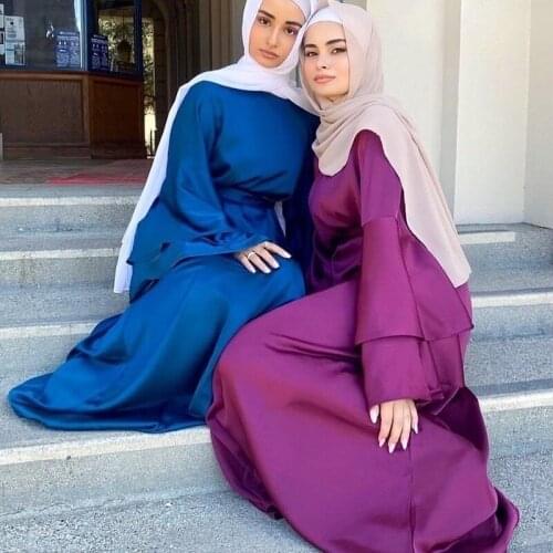 Ramadan Eid 2021 Women Summer Abaya Dress Maxi Loose Satin Long Layered Flare Sleeve A Line Muslim Dubai Arab Plain Gown Party