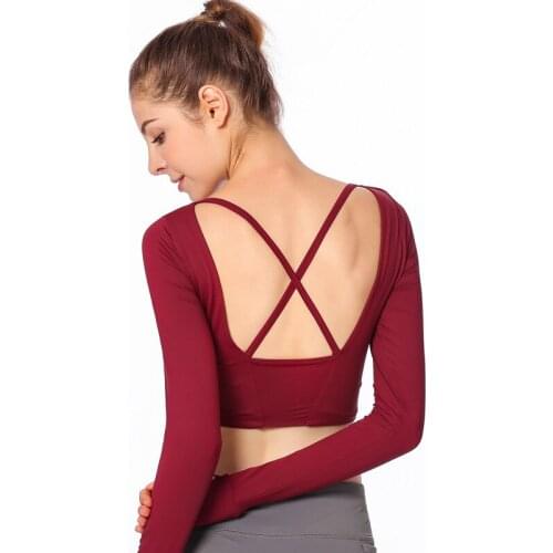 Sexy Backless Cross Slim Workout Yoga Shirts Long Sleeve Padded Fitness Cropped Sports Bra For Women Gym Crop Top Sport Shirt