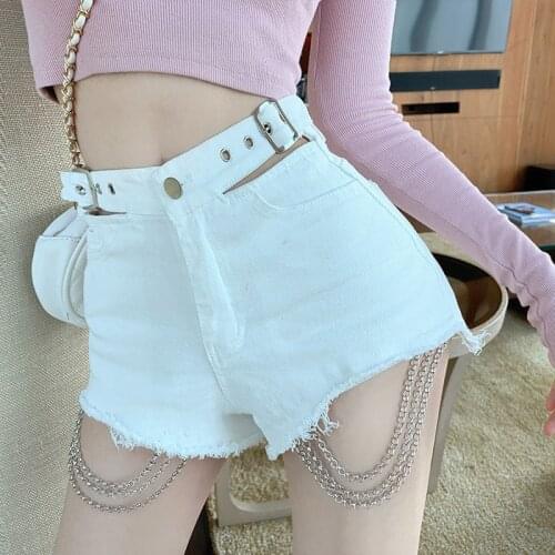 Summer Fringe Goth Chain Denim Shorts Women hollow Out Shorts Summer Adjustable Belt High Waist Casual Short Jeans Lady KZ270