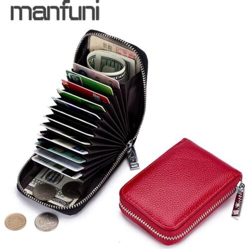 Unisex Rfid Wallet Id Card Holder Genuine Leather Credit Card Wallet Women Men 12 Card Holder Women Zipper Small Coin Purse