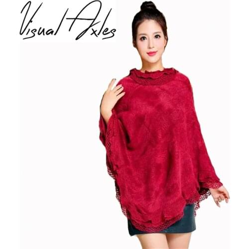 [Visual Axles] 2020 Solid Color Fur Cape Poncho Fashion Winter Women Fringe Crochet Fleece Poncho Coats Sweater