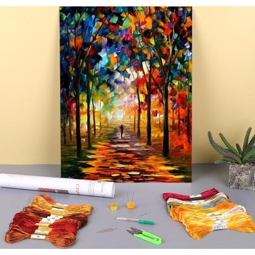 Forest Path Printed Water-Soluble Canvas 11CT Cross-Stitch Complete Kit Embroidery DMC Threads Handicraft Painting Stamped