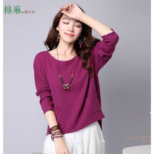 2020 Spring and Autumn women vintage loose o-neck long-sleeve shirt,cotton and linen clothes& shirts pus size blouse 5XL 6XL