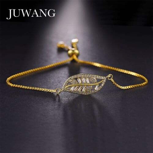 JUWANG Leaf Cubic Zircon Bracelets&Bangles for Women Luxury Fashion Adjustable Shiny AAA CZ Gold Link Chain Charm Bracelet