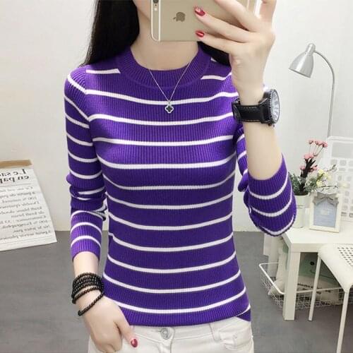 Women 2021 Autumn New Fashion Long Sleeve Striped Pullovers Female Slim Sweater Knitted Tops Ladies O-Neck Tops Jumpers M406