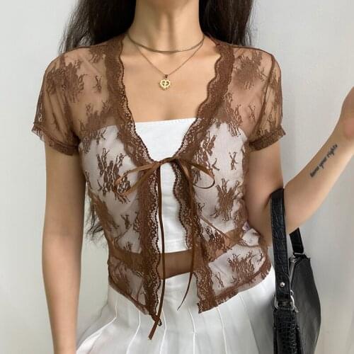 IAMSURE Short-Sleeve Mesh Top Women See Through Floral Tie Front Lace Tops Prairie Chic Spring Summer Casual Streetwear Holiday
