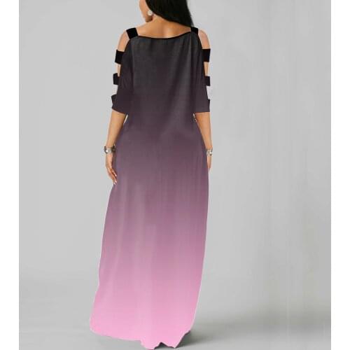 Gradient Maxi Dress Plus Size Casual Loose Short Sleeve Pocket Maxi Dress Robe Sundress Women Summer O-neck Long Dress A20