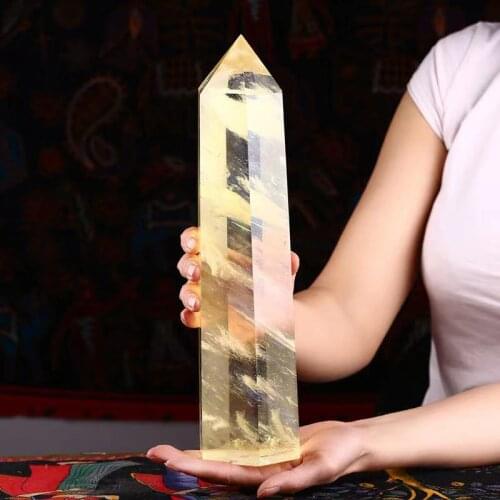 1pcs large size yellow transparent fused fossil obelisk crystal rod point treatment feng shui home decoration