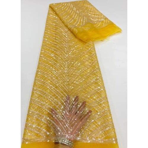 5yards/pc) Newest African French net lace fabric in yellow with crystal color sequins embroidery for bling bling dress FZZ134
