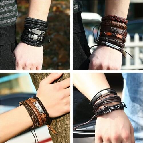 Vintage 6Pcs/Sets Women Mens Leather Bracelet Sets Handmade Knitted Charm Multilayer Braided Women Bangle Pulseira Masculina