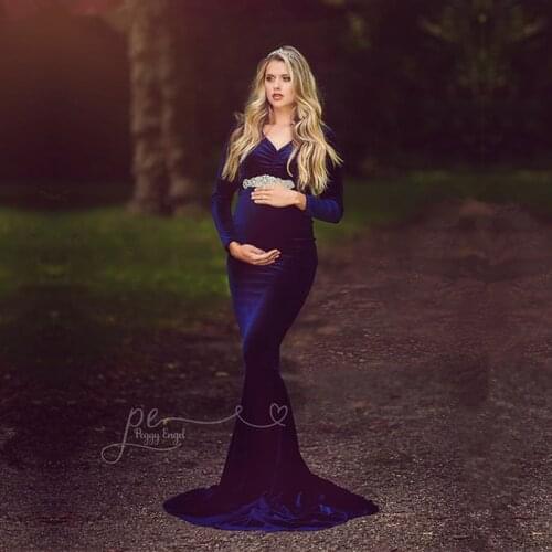 Golden velvet Pregnancy Dress for Photo Shoot Maternity Photography Props Sexy V Neck Lace Maxi Gown Dress Pregnant Women Autumn