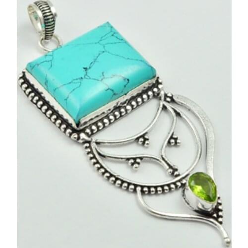 Turquois & Peridots Pendant Silver Overlay over Copper , 80 mm, P3028