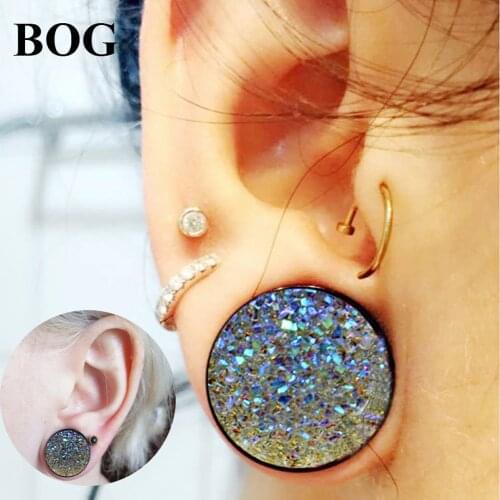 BOG- PAIR Synthetic Druzy Double Flared Saddle Ear Gauge Wood Flesh Tunnel Plug Piercing Ear Expander Fashion Jewelry 8-18mm