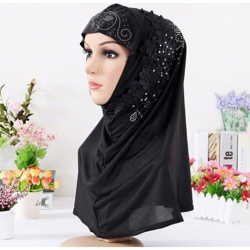 Flowers Applique Decor Muslim Head Wrap Hijabs Solid Color Women Islamic Jersey Headscarf Turban Headband on The Head Accessory