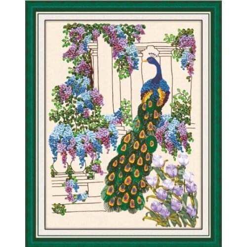 Peacock Flowers Ribbon embroidery painting sets handcraft embroidery circle DIY handmade needlework wall art home decor gift