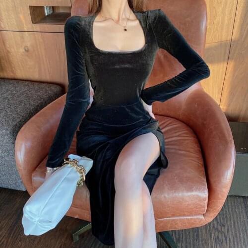 TVVOVVIN French Square Neck Long Sleeve Black Sexy High Split Dress Women Fashion Slim Velvet Mid-length Dresses KQUL