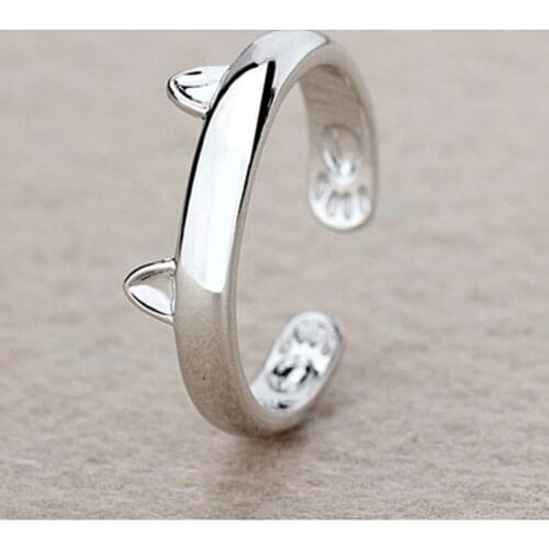 OPPOHERE Silver Color Cat Ear Ring Design Cute Fashion Jewelry Cat Ring Adjustable Anel Wholesale For Young Girl Child Gifts