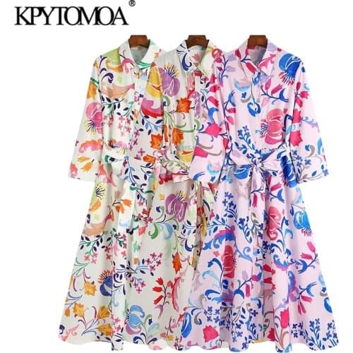 KPYTOMOA Women 2021 Fashion With Belt Floral Print Midi Shirt Dress Vintage Three Quarter Sleeve Button-up Female Dresses Mujer