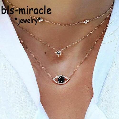 MAA-OE Vintage Black Crystal Eye Pendant Multi layer Necklaces For Women Fashion Gold Long Hexagon Pendant Necklace Jewelry