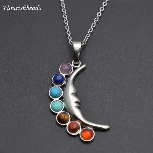 Cute Metal Moon 7 Stone Cabochons Chakra Pendant Eneray Chains Necklace Fashion Woman Jewelry