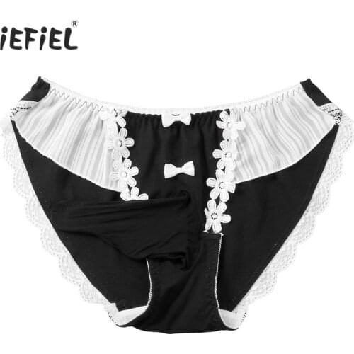 Mens Lace Trim Bowknot Briefs Elastic Waistband Patchwork Underwear Low Waist Bulge Pouch Underpants Flower Embroidered Panties