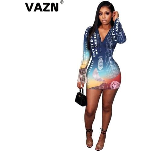 VAZN 2020 New Little Chap Soft Elastic Joker Style Sexy Club Retro Deep V-Neck Full Sleeve Women High Waist Mini Dress